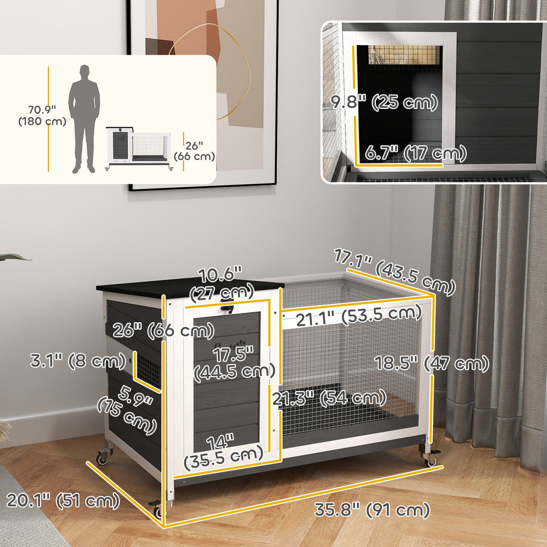 PawHut Wooden Rabbit Hutch with Pull-Out Tray, Asphalt Openable Roof, Small Animal Cage on Wheels with Run, Grey