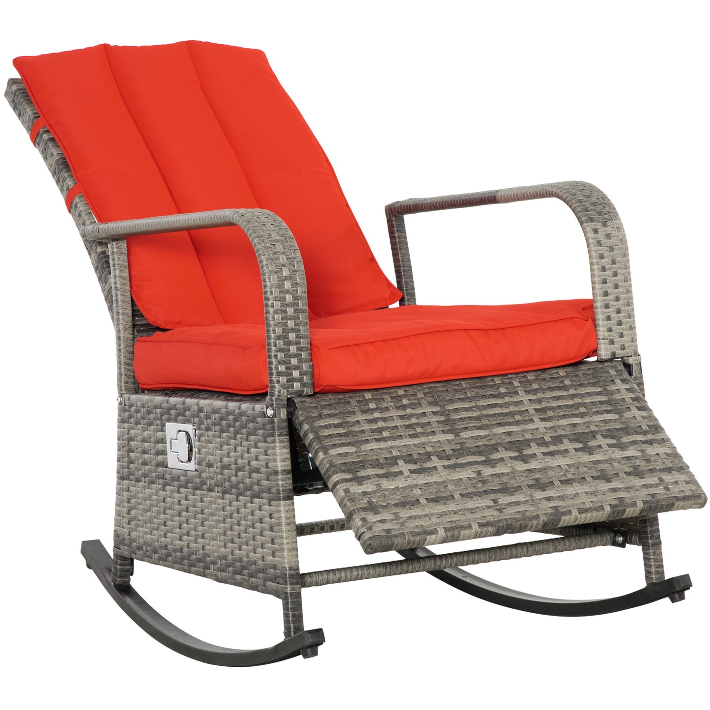 Outsunny Outdoor Wicker Rocking Chair with Cushion, Patio PE Rattan Recliner Chair with Adjustable Footrest, Armrests, Dark Blue