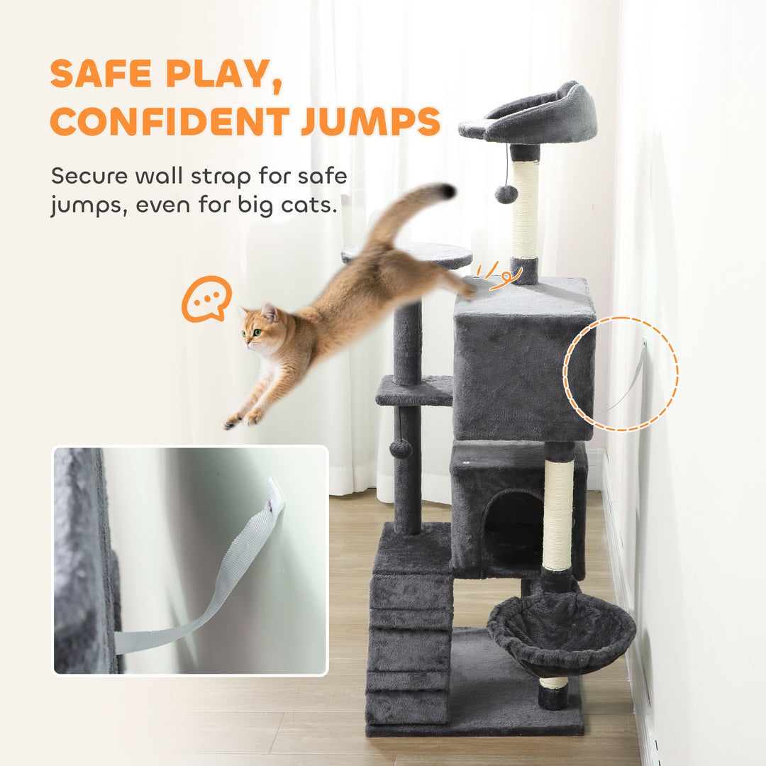 PawHut 63 Inch Cat Tree with Sisal Scratching Posts, Condos, Plush Perches, Hammock, Ladder, Dangling Balls, Pink