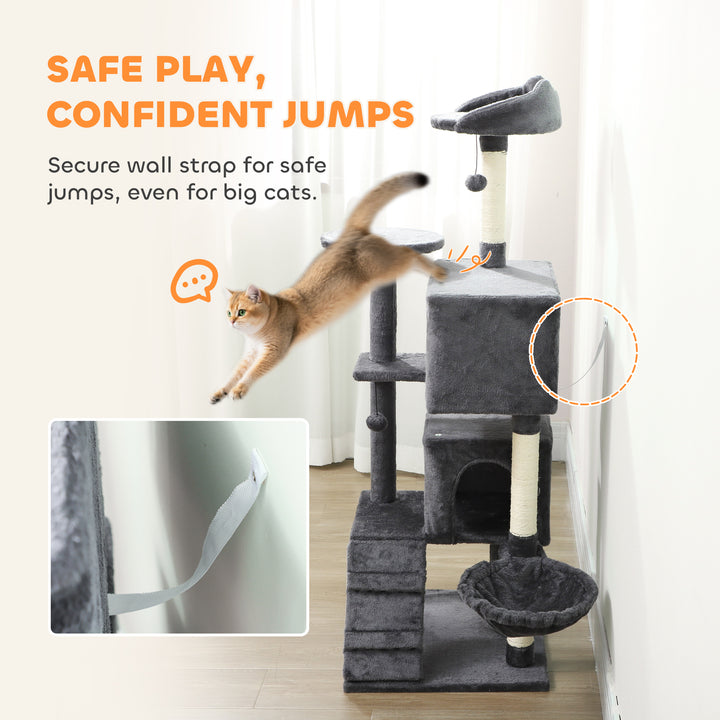 PawHut 63 Inch Cat Tree with Sisal Scratching Posts, Condos, Plush Perches, Hammock, Ladder, Dangling Balls, Pink