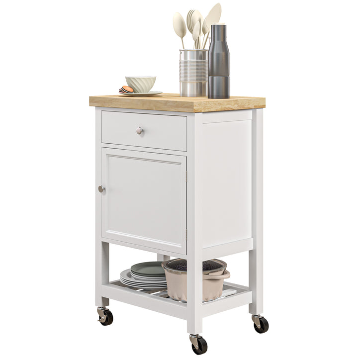 HOMCOM Kitchen Cart on Wheels, Rolling Kitchen Island Cart with Wood Top, Towel Rack, Drawer and Shelf for Dining Area, White