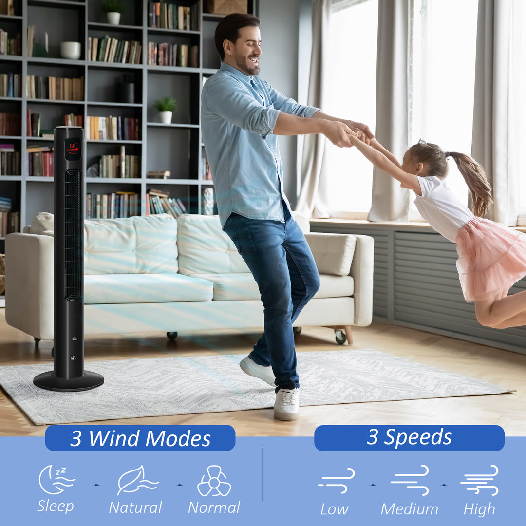 HOMCOM Freestanding Tower Fan Cooling for Home Bedroom with Oscillating, 3 Speed, 12h Timer, LED Sensor Panel, Remote Controller, White
