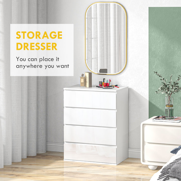 HOMCOM 4 Drawer Cabinet, High Gloss Drawer Chest for Bedroom, Chest of Drawers with Metal Runners and Groove Handles, White