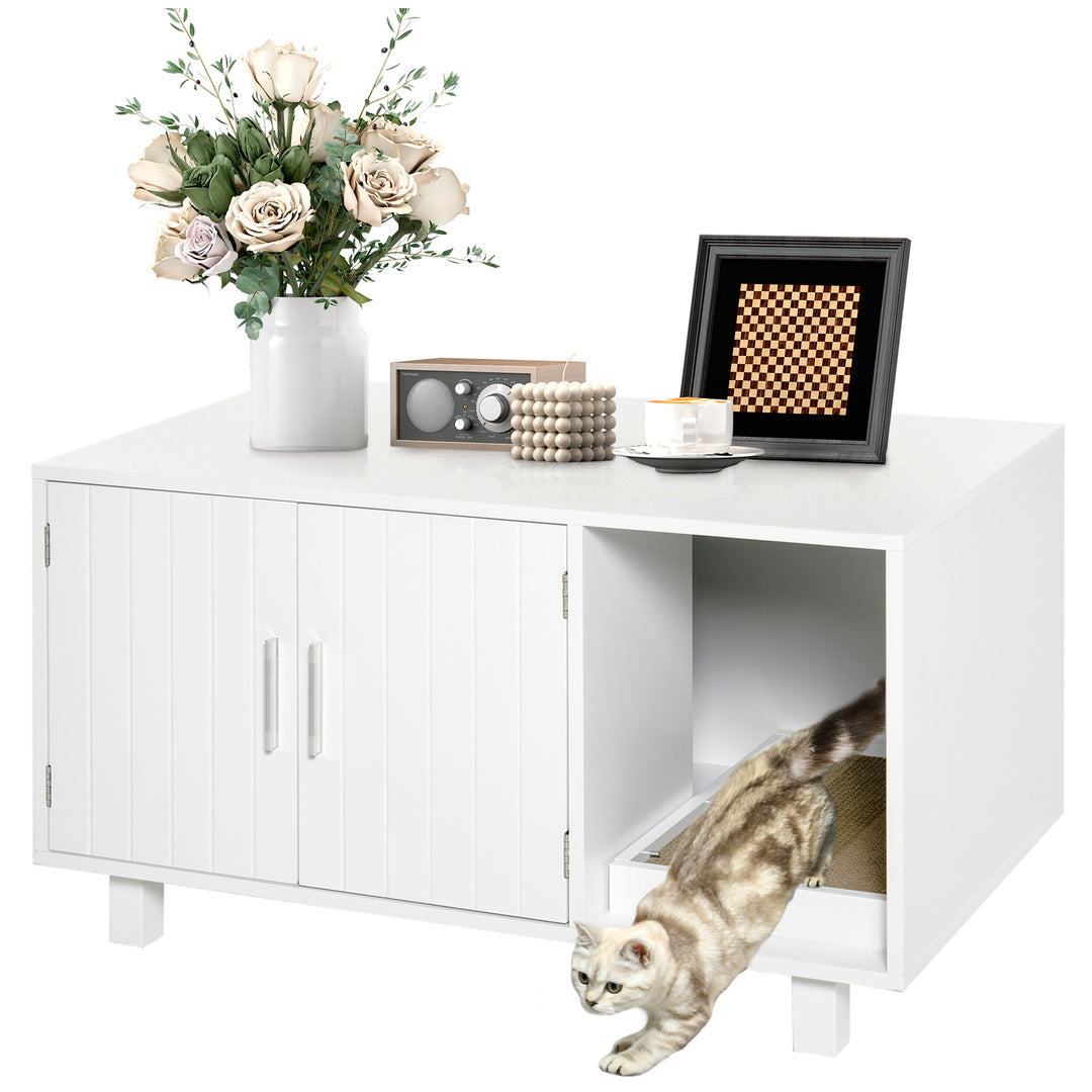 PawHut Cat Litter Box Enclosure, Hidden Litter Box Furniture, Cat House End Table Washroom with Scratching Pad, for Indoor Cats Kittens, Brown