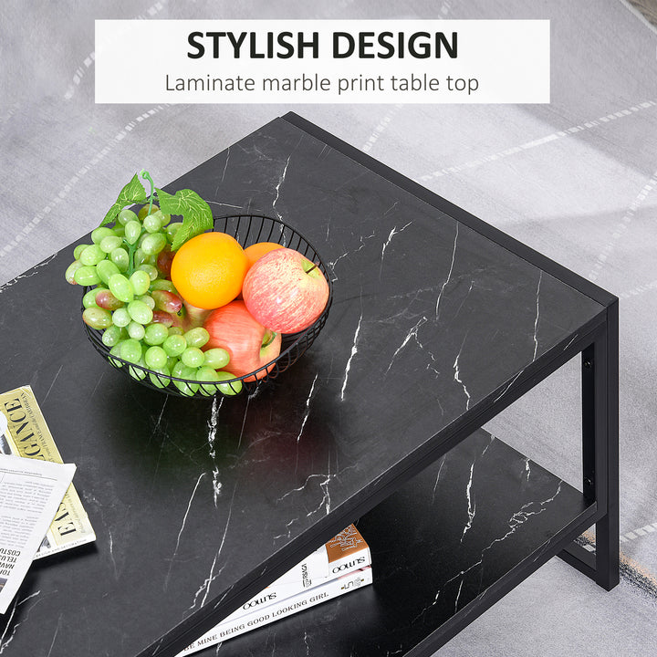 HOMCOM 2-Tier Coffee Table with Storage Shelf, Cocktail Table with Marble Textured Table Top, for Living Room Bedroom Dorm, Black