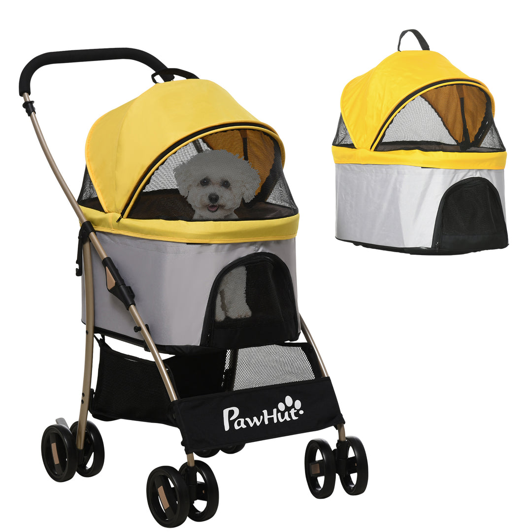 PawHut 4 Wheels Pet Stroller, 3 in 1 Dog Cat Travel Folding Carrier, for Small Dogs, Detachable, w/ Brake, Canopy, Basket, Storage Bag - Yellow