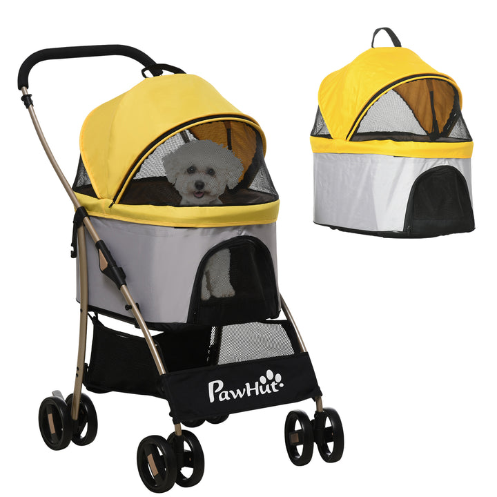 PawHut 4 Wheels Pet Stroller, 3 in 1 Dog Cat Travel Folding Carrier, for Small Dogs, Detachable, w/ Brake, Canopy, Basket, Storage Bag - Yellow