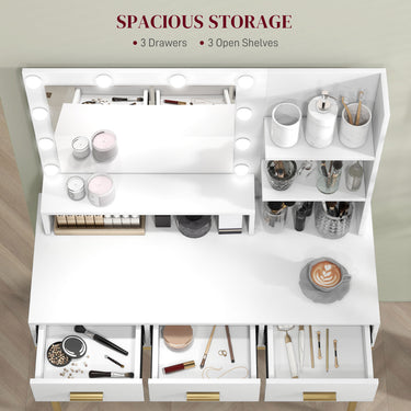 HOMCOM Illuminated Dressing Table, LED Vanity Table with Mirror, 3 Drawers and Storage Shelves for Bedroom, White