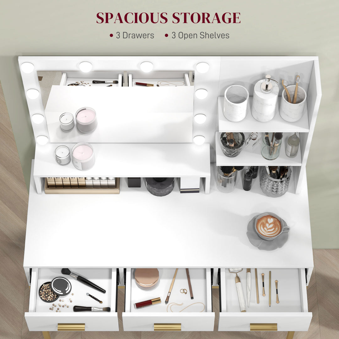 HOMCOM Illuminated Dressing Table, LED Vanity Table with Mirror, 3 Drawers and Storage Shelves for Bedroom, White