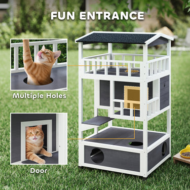 PawHut 4-Floor Wood Outdoor Cat House Catio for Cats with Condo, Fun Entrances, Perch, Grey