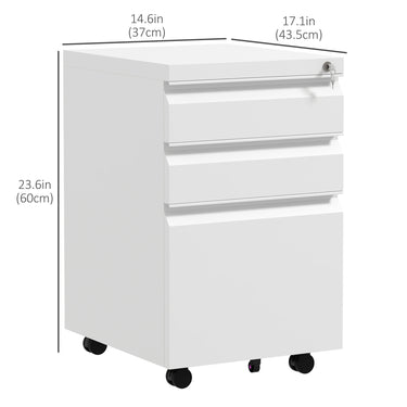 Vinsetto 3 Drawer File Cabinet with Lock, Steel Vertical Filing Cabinet with 5 Wheels and Hanging Bar for A4/Legal/Letter Size Files, Printer Stand with Pre-Assembled Body, White