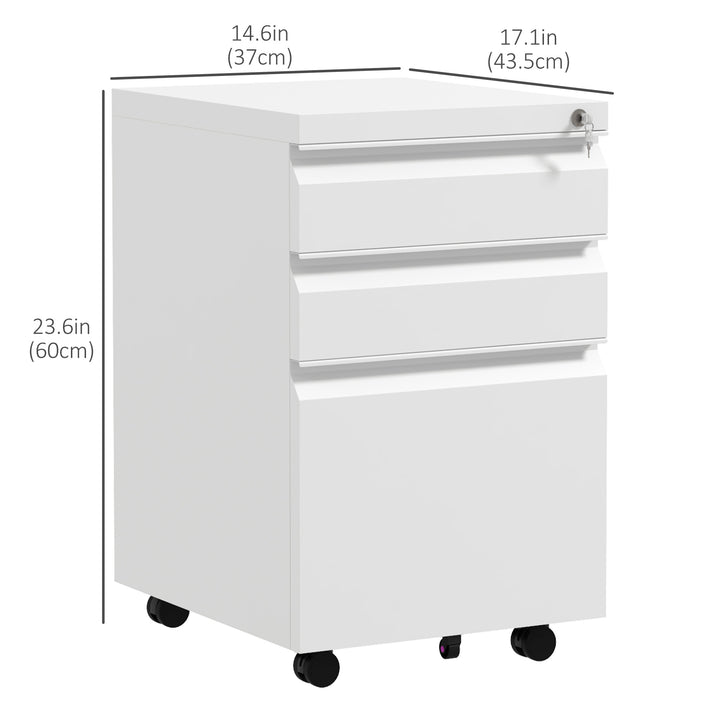 Vinsetto 3 Drawer File Cabinet with Lock, Steel Vertical Filing Cabinet with 5 Wheels and Hanging Bar for A4/Legal/Letter Size Files, Printer Stand with Pre-Assembled Body, White