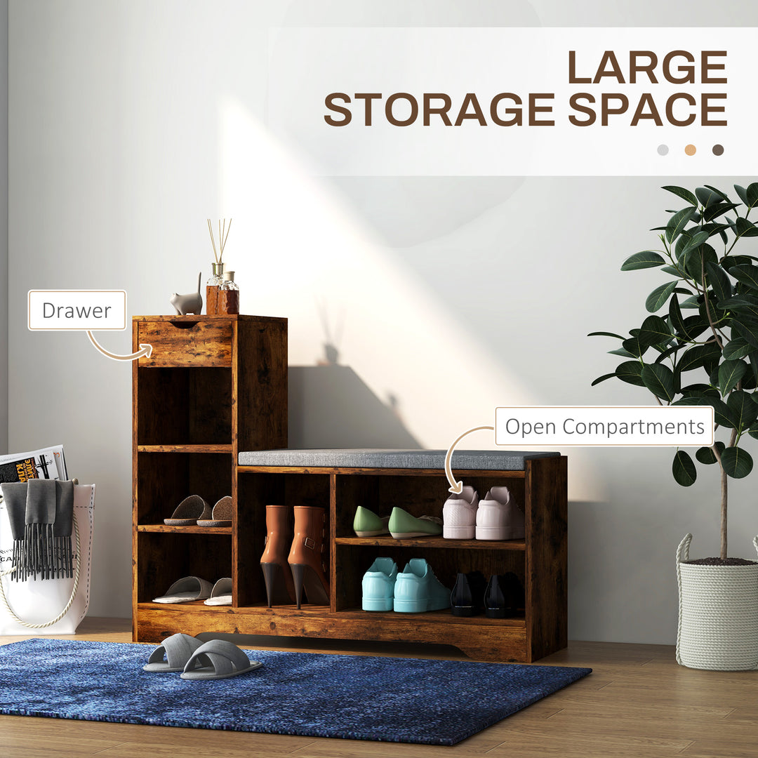 HOMCOM Upholstered Shoe Storage Bench w/ Seat, Entrance Bench w/ Drawer and 6 Open Shelves for Hallway, White