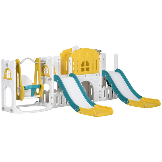 Qaba 8 in 1 Slide and Swing Set, Baby Swing Set with Basketball Hoop, Climber, Steering Wheel, for Aged 1-3 Years, Yellow