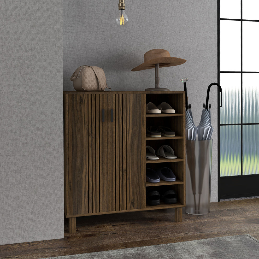 HOMCOM Shoe Storage with Double Doors and Open Shelves 17 Pair Shoe Storage Organizer for Entryway Hallway Walnut