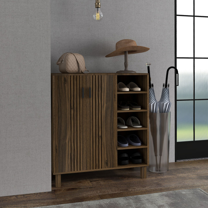 HOMCOM Shoe Storage with Double Doors and Open Shelves 17 Pair Shoe Storage Organizer for Entryway Hallway Walnut