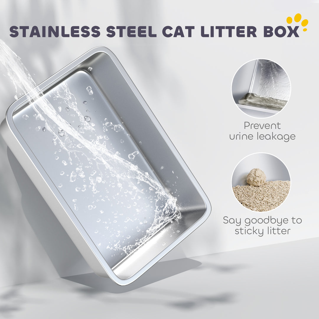 PawHut Stainless Steel Cat Litter Box w/ Removable Lid & Scoop, for Small to Large Cats, Easy to Clean, White