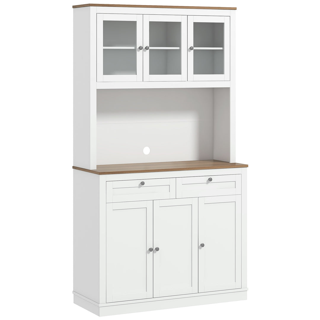 HOMCOM 71" Pantry Cabinet with Microwave Space, Buffet with Hutch, 2 Drawers, Adjustable Shelves and Glass Doors, Blue