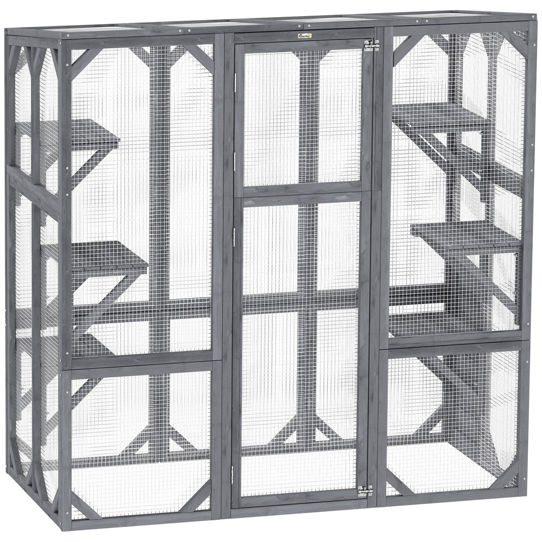 PawHut Outdoor Cat Enclosure with 6 Jumping Platforms, Weatherproof Roof, Large Front Door for 1-3 Cats, 59" x 28" x 60", Grey