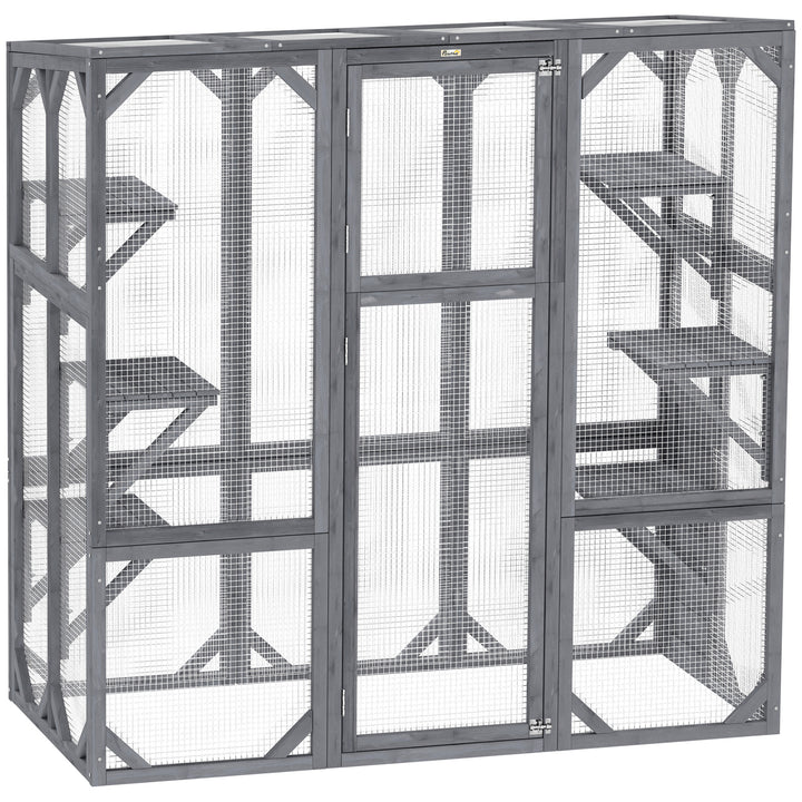 PawHut Outdoor Cat Enclosure with 6 Jumping Platforms, Weatherproof Roof, Large Front Door for 1-3 Cats, 59" x 28" x 60", Grey