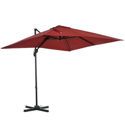 Outsunny 8' x 8' Square Patio Hanging Offset Umbrella with 360Â° Rotation, Aluminum Outdoor Cantilever Parasol with Crank & Tilt, Sun Canopy Shelter with Cross Base, Wine Red