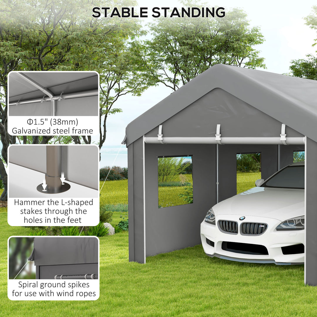 Outsunny 10' x 20' Carport, Heavy Duty Portable Garage with 6 Mesh Windows and 2Doors, Gey
