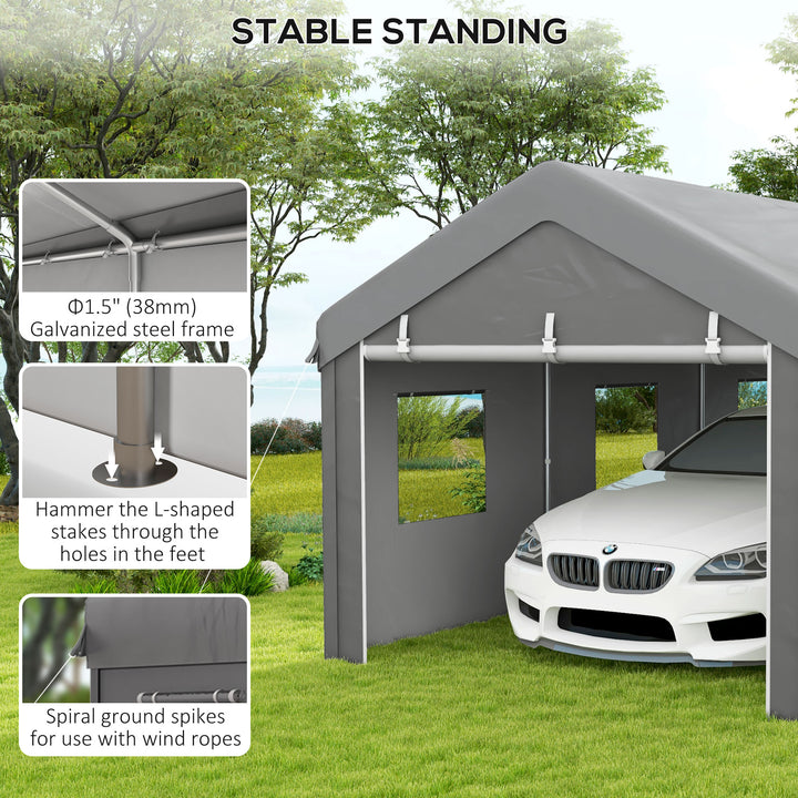 Outsunny 10' x 20' Carport, Heavy Duty Portable Garage with 6 Mesh Windows and 2Doors, Gey