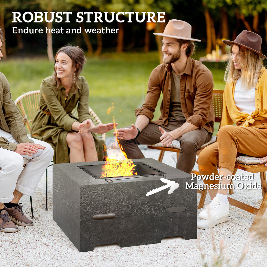 Outsunny Fire Pit with Fire Poker, Wood Burning Firepit for Outside with Mesh Lid, Magnesium Oxide Stone Texture, Charcoal Grey