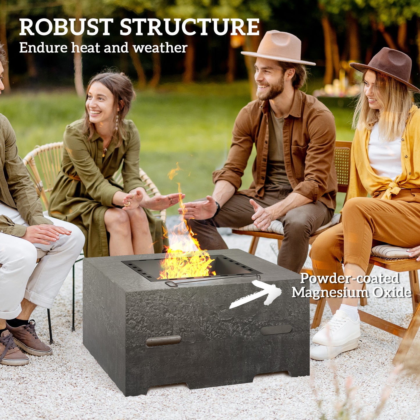 Outsunny Fire Pit with Fire Poker, Wood Burning Firepit for Outside with Mesh Lid, Magnesium Oxide Stone Texture, Charcoal Grey