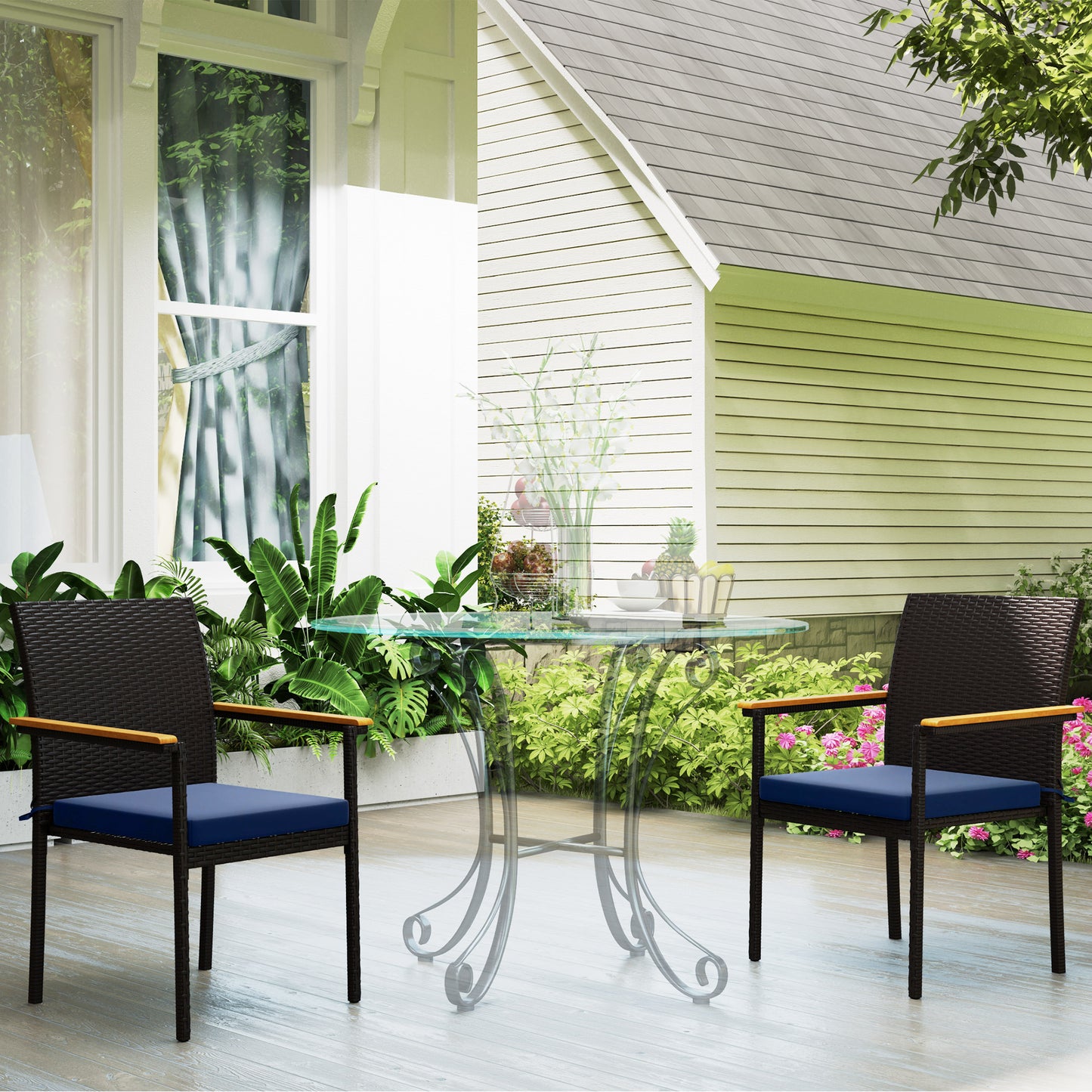 Outsunny Stackable Wicker Patio Chairs Set of 2 with Removable Cushion, Armrest for Garden, Porch, Yard, Cream White
