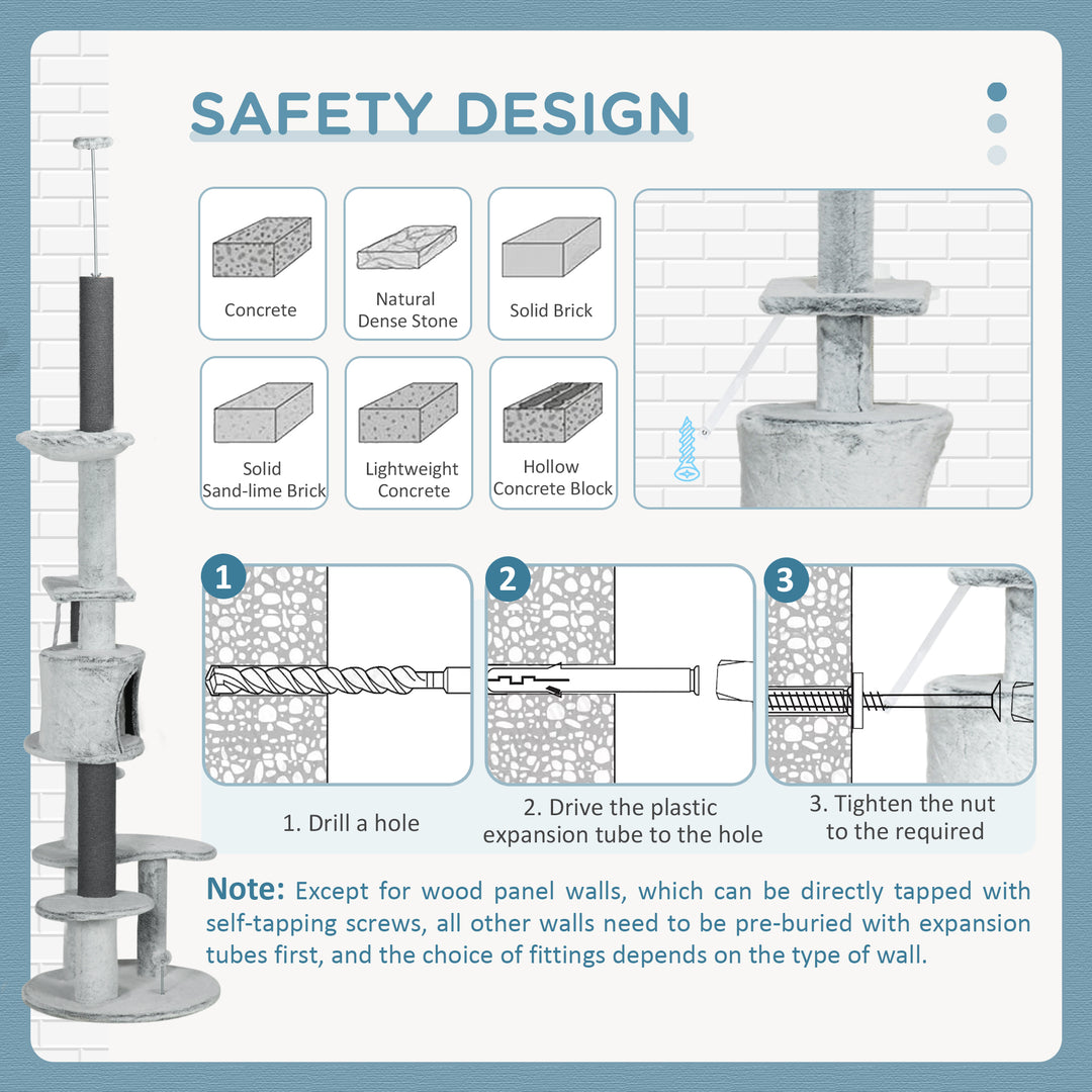PawHut 89"-100" Floor to Ceiling Cat Tree w/ Hammock, Scratching Posts, Condo, Perches, Toy Ball, Anti-tip Kit, Grey