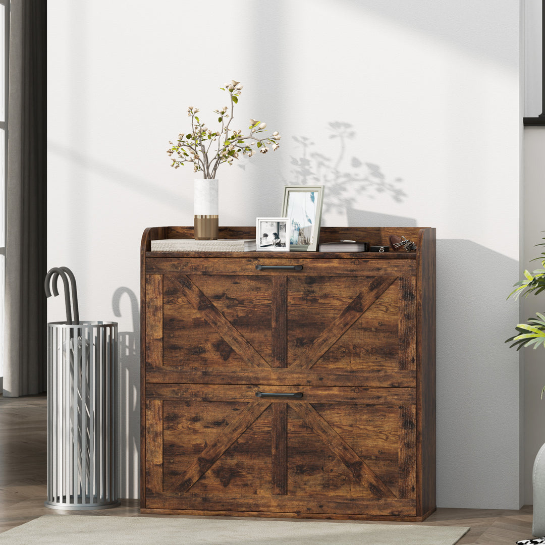 HOMCOM Narrow Shoe Storage Cabinet, Farmhouse Slim Shoe Cabinet with 2 Flip Drawers, Adjustable Shelves, White Oak