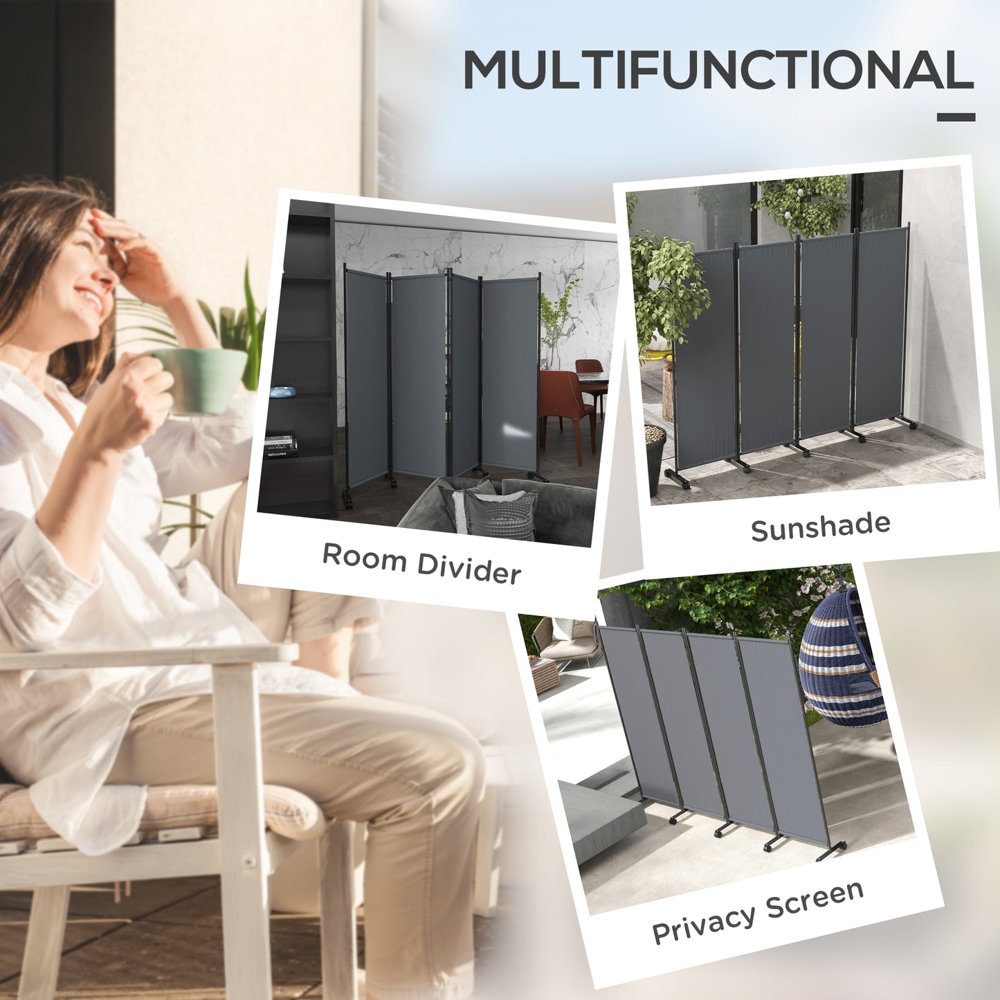 Outsunny Folding Room Divider with Castor Wheels, Rolling Privacy Screen for Patio Backyard Pool Hot Tub, 5.6ft Tall
