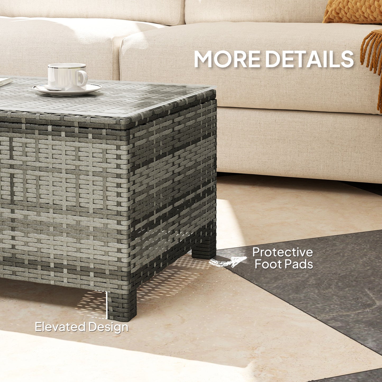 Outsunny Outdoor PE Rattan Wicker Table, Patio Garden Side Table w/Glass Top for Patio, Balcony, Mixed Grey