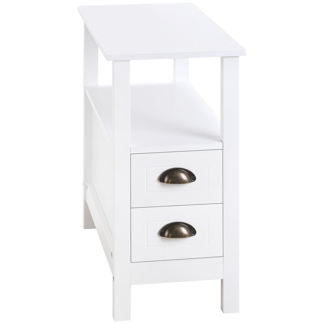 HOMCOM Slim End Table with 2 Drawers and Storage Shelf, Sofa Side Table for Living Room, Narrow Nightstand, White