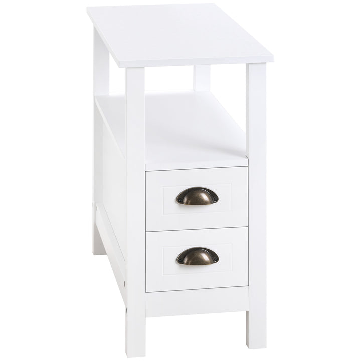 HOMCOM Slim End Table with 2 Drawers and Storage Shelf, Sofa Side Table for Living Room, Narrow Nightstand, White