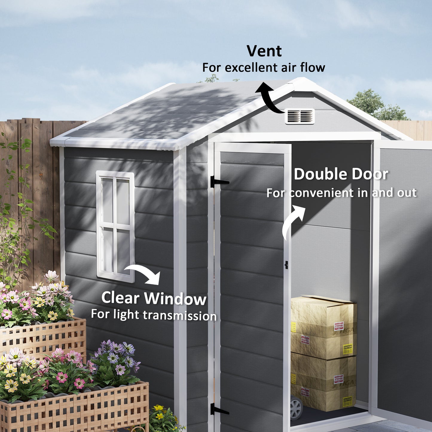 Outsunny 6x4.5ft Plastic Garden Shed, Lockable Garden Tool Storage House with Double Doors and Vent for Equipment, Gray