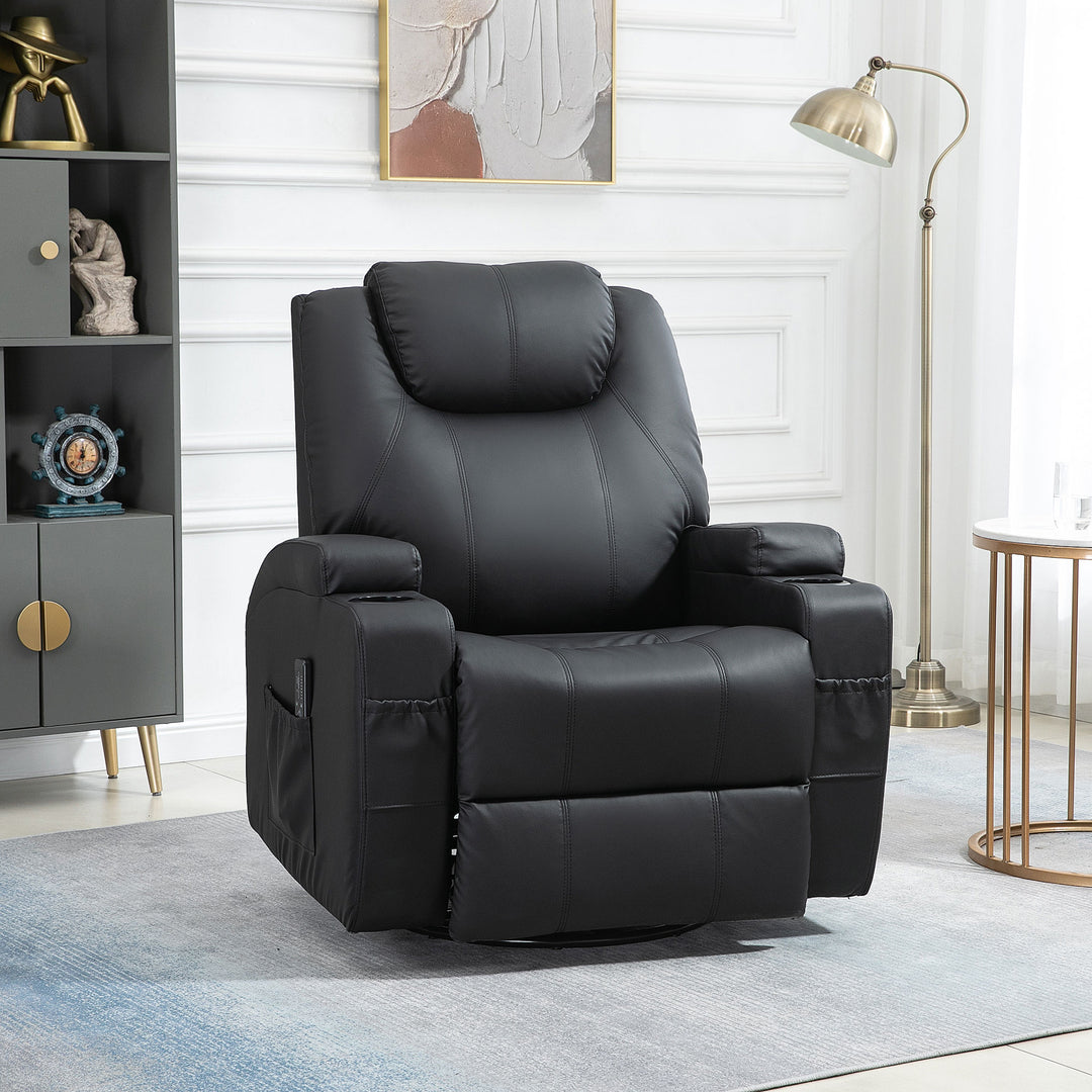 HOMCOM Massage Recliner Chair, Swivel Nursery Rocker Chair, Manual Reclining Sofa with 8 Vibration Points, PU Leather, Cup Holders, Side Pockets, for Living Room, Black