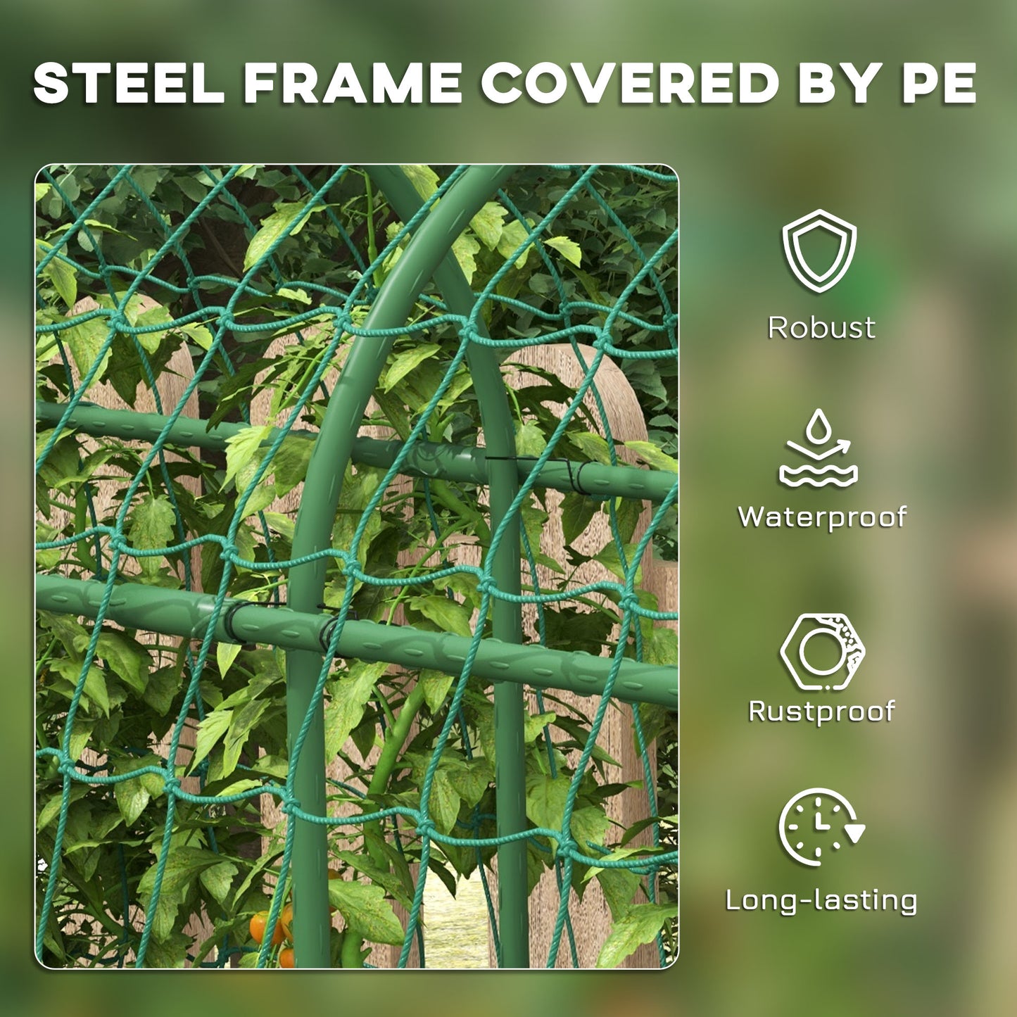 Outsunny Arched Garden Trellis w/ Climbing Net Metal Cucumber Plant Trellis A-Frame for Climbing Plants 57" x 66" x 81"