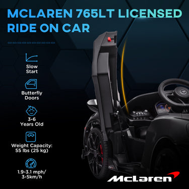 Qaba McLaren 765LT Licensed 12V Kids Electric Car w/ Scissor Doors, Transport Wheels, Remote, Slow Start, Music Horn Black