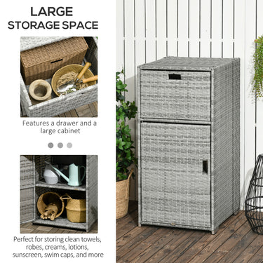 Outsunny Patio Storage Cabinet, Outdoor Towel Rack for Pool, Waterproof PE Rattan Wicker, Hot Tub Accessory, with Basket Drawer, Mixed Grey