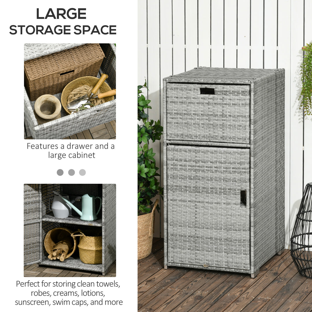 Outsunny Patio Storage Cabinet, Outdoor Towel Rack for Pool, Waterproof PE Rattan Wicker, Hot Tub Accessory, with Basket Drawer, Mixed Grey