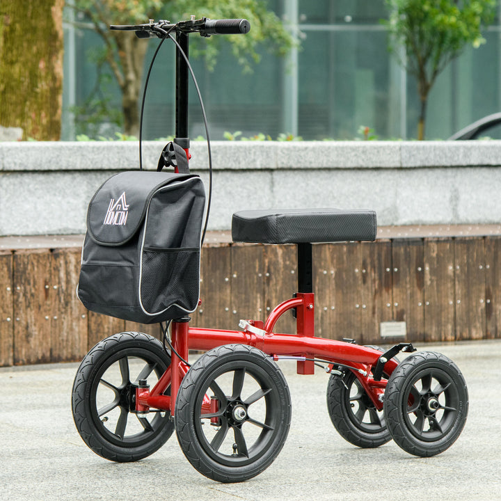 HOMCOM Adjustable Steerable Knee Walker, Foldable Knee Scooter with Rubber Wheels, Dual Brake, Crutch Alternative, Red