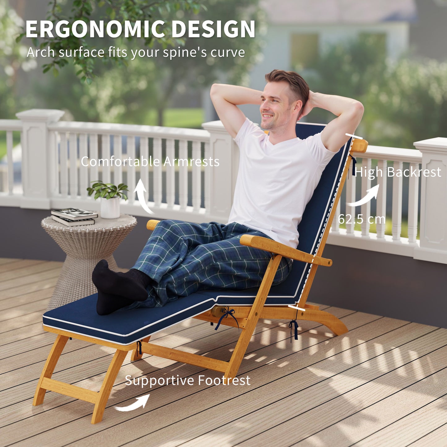 Outsunny Folding Patio Lounge Chair with Padded Cushion, Acacia Wood Patio Lounger Recliner with Footrest for Garden, White