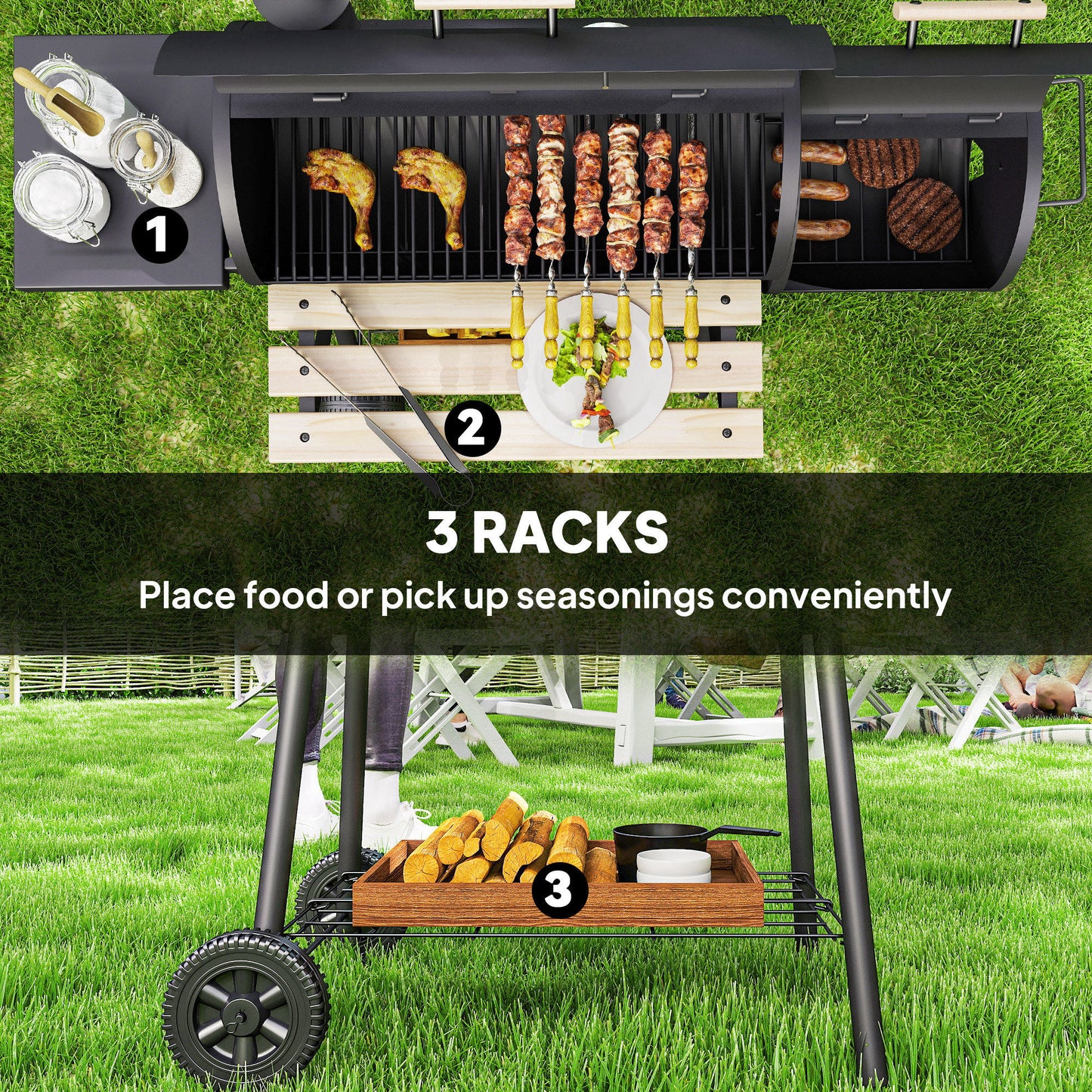 Outsunny 49" Charcoal BBQ Grill with Offset Smoker Portable Backyard Cooking Smoker Outdoor Camp Picnic Barbecue Cooker with Thermometer Wheels and Storage Shelves