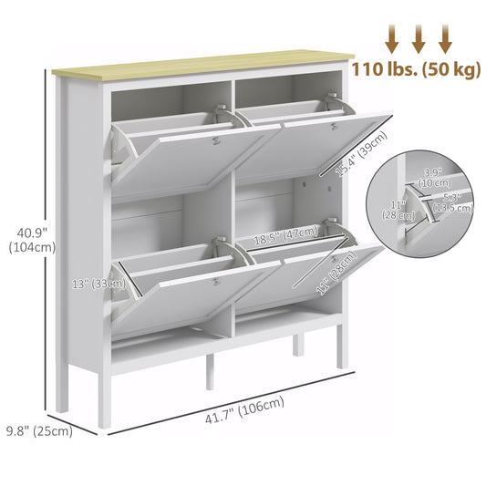 HOMCOM Entryway Shoe Storage Cabinet with 4 Flip Drawers, Adjustable Shelves, Narrow Shoe Cabinet for 20 Pairs of Shoes, White