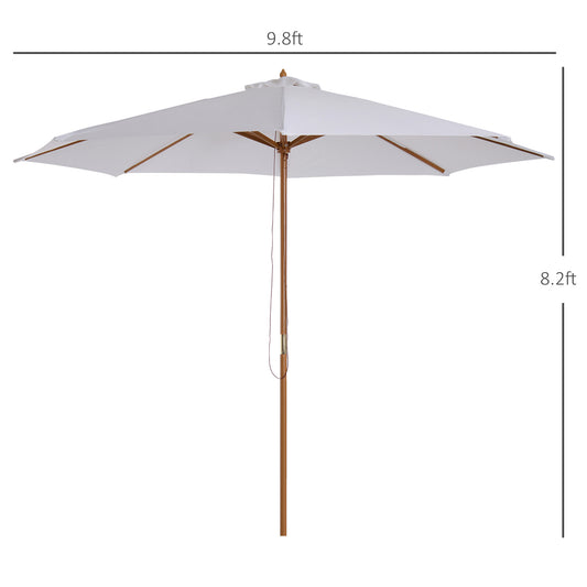 Outsunny 10' x 8' Bamboo Wooden Round Market Patio Sun Umbrella Garden Parasol Outdoor Sunshade Canopy, White