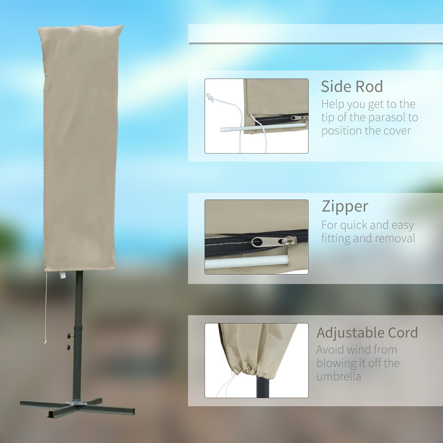 Outsunny Garden Parasol Cover, Outdoor Cantilever Umbrella Cover with Zipper, Khaki