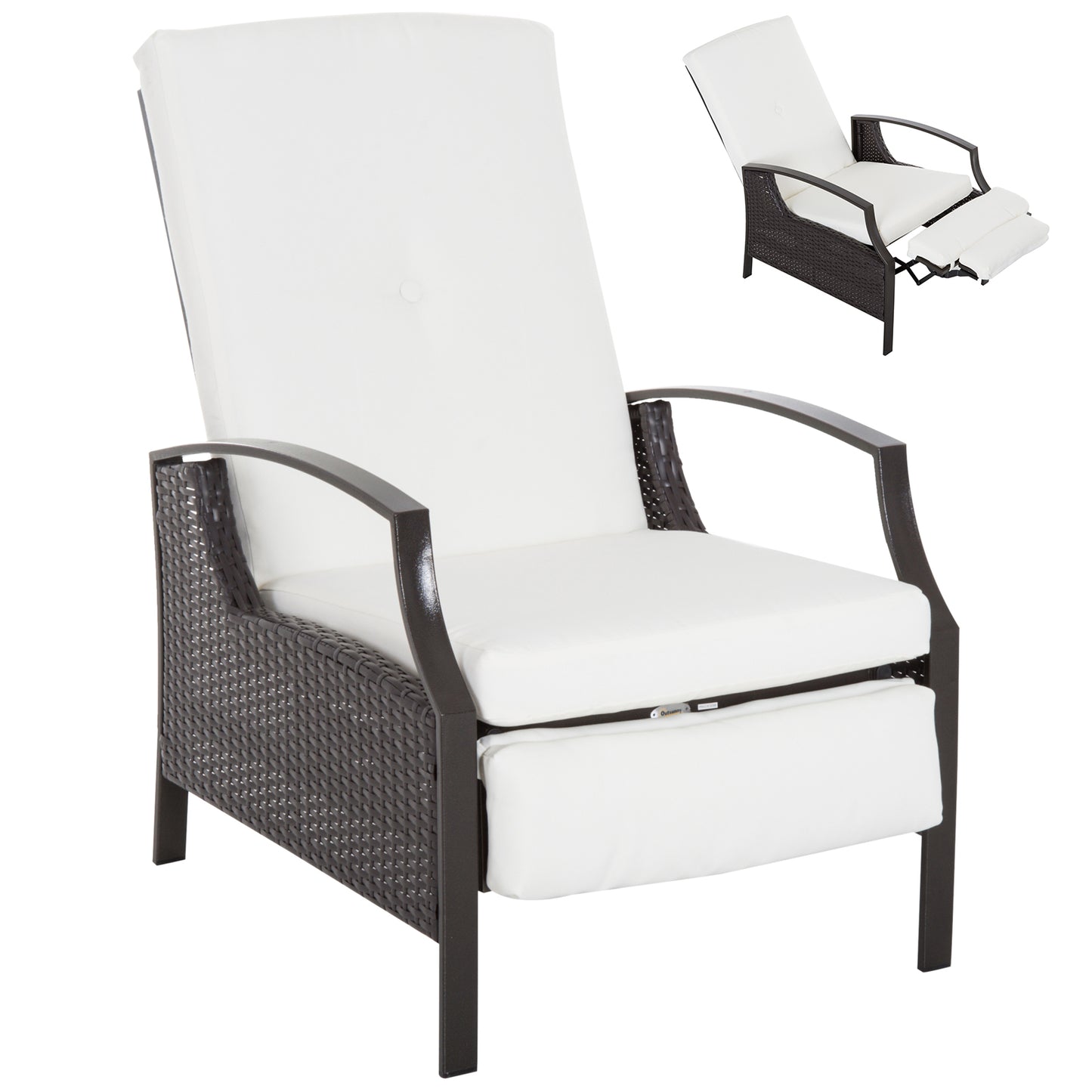 Outsunny Outdoor Rattan Recliner Chair, Wicker Reclining Chair with Adjustable Back Retractable Footrest Cushion Blue