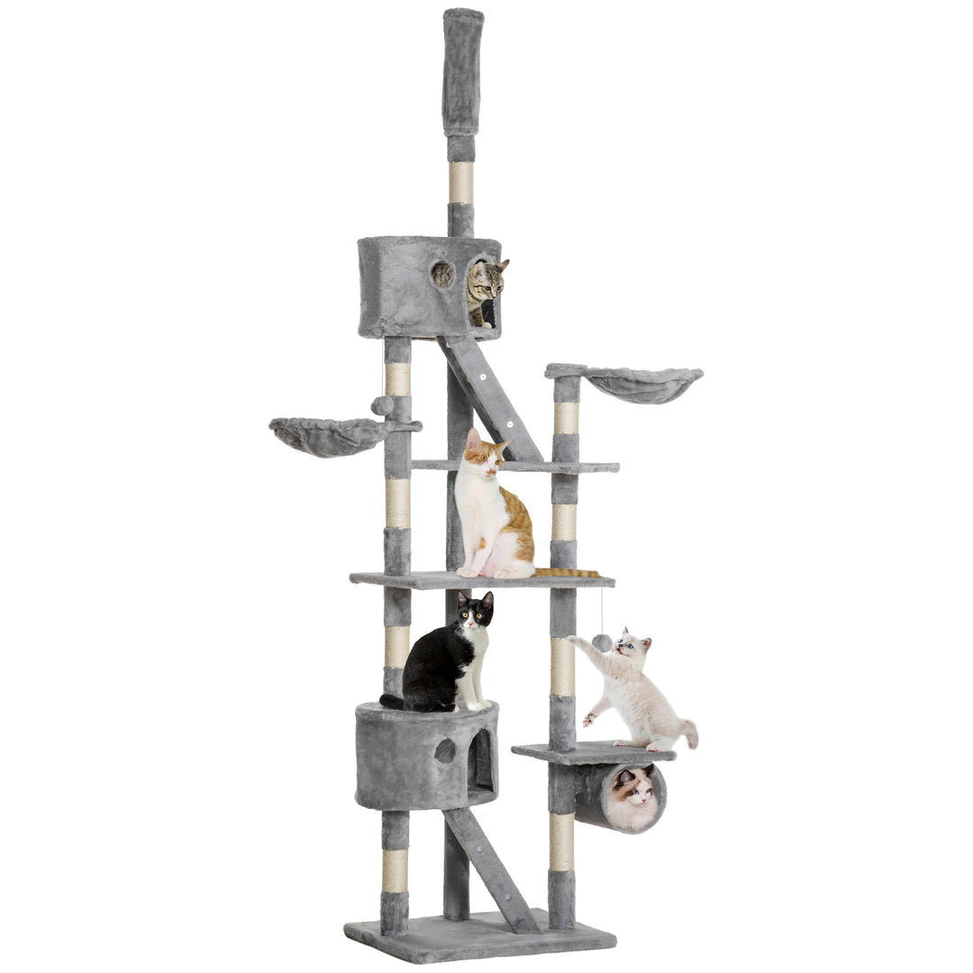 PawHut 94"-102" Huge Cat Tree Ceiling High Cat Condo Scratching Post Activity Center Multi-Level Play House